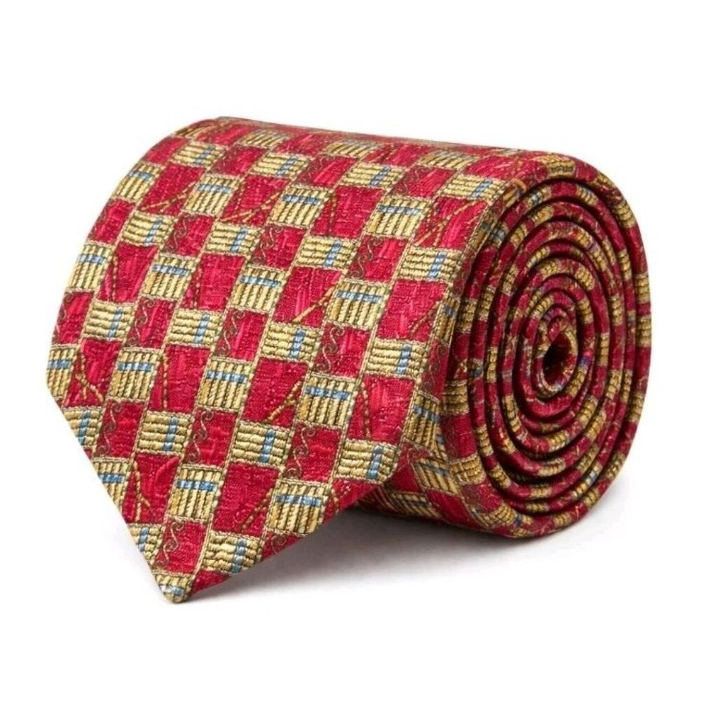 Fumagalli ITALY 100% Silk Tie Red Gold Geometric Check Sartorial Luxury